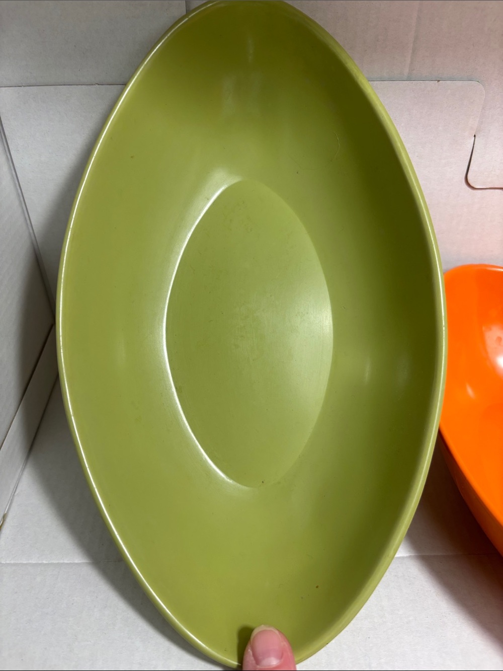 Vintage Mid-Century Melmac Oval Serving Bowls, Orange & Avocado
Green (Set of 2) - Picture 6 of 7
